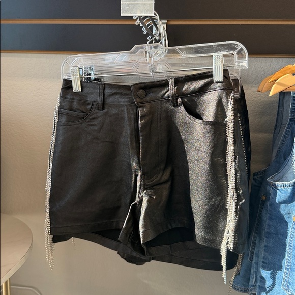 Metallic Pu Mid Rise Side Rhinestone Fringe Shorts - Picture 5 of 5